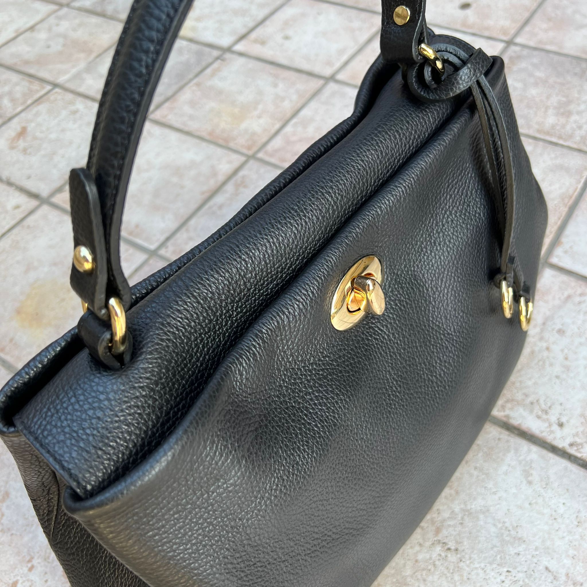 Borsa Shopper Dafne Vera Pelle Nero Effetto Corteccia